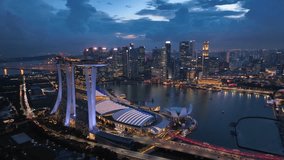 Real time aerial video of Sunset in Singapore City Skyline. Flying Towards Marina Bay Sands and Gardens In Singapore. View of modern hotels and financial buildings. Travel landmark, tourist attraction - Powered by Shutterstock - Get 15% off with code: PIKWIZARD15