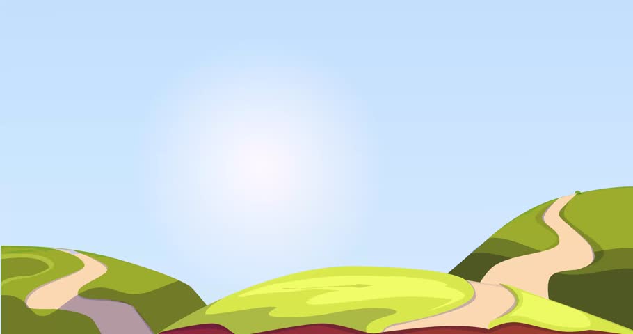 Landscape with windmill. Moving banner with rural panorama, green village hills, trees and roads. Graphical interface element for video game. Stylized background. Cartoon flat animated graphics
