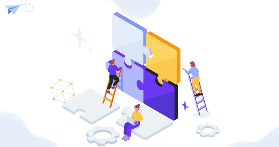 Business and teamwork. Moving banner with male and female entrepreneurs or office workers connecting puzzle pieces. Partnership, collaboration and cooperation. Isometric 3D Animated Graphics