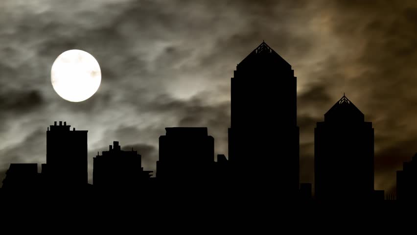 Skyline view of Albuquerque By Night with Dark Atmosphere, Fog, Smoke, and Full Moon, New Mexico, USA
