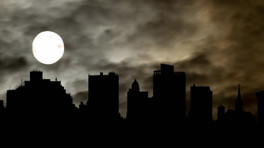 Texas: El Paso By Night with Dark Atmosphere, Fog, Smoke, and Full Moon, USA