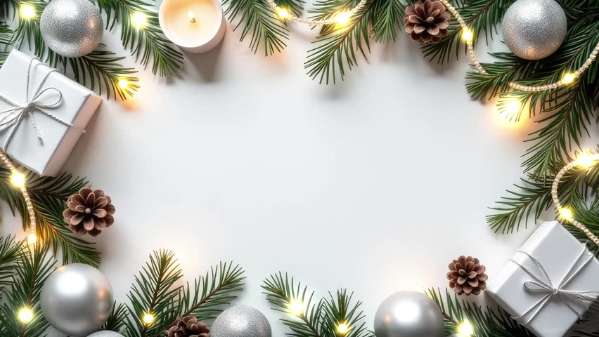 Flat lay Christmas banner with space for text on a white background with neon garlands. Frame of fir branches, glass toys, sparkling confetti, pinecones, candles and atmospheric lights