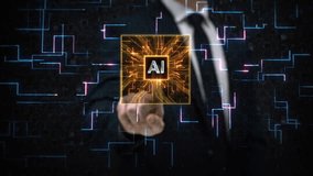 Businessman Press Holographic Button on Virtual Reality Metaverse World. Animation of Bright Artificial Intelligence Chip with Circuit Board Appearing. Futuristic Touchscreen Technology. AR. - Powered by Shutterstock - Get 15% off with code: PIKWIZARD15