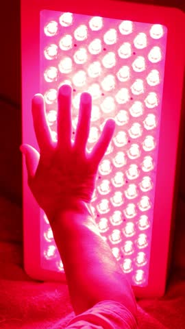 Closeup of hand touching Red Light Therapy Panel LEDs