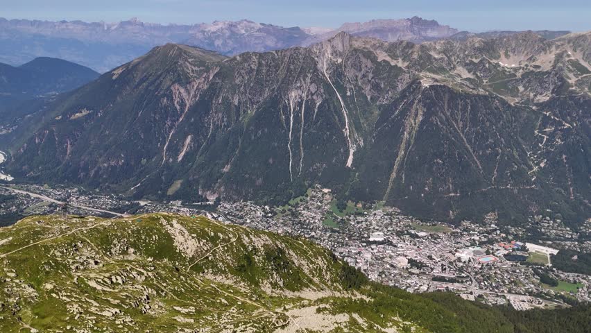 Aerial view of Chamonix town and Le Brevent mountain in French Alps, Europe