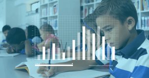 Animation of financial data processing over diverse schoolchildren in classroom. Global education, business, connections, computing and data processing concept digitally generated video. - Powered by Shutterstock - Get 15% off with code: PIKWIZARD15