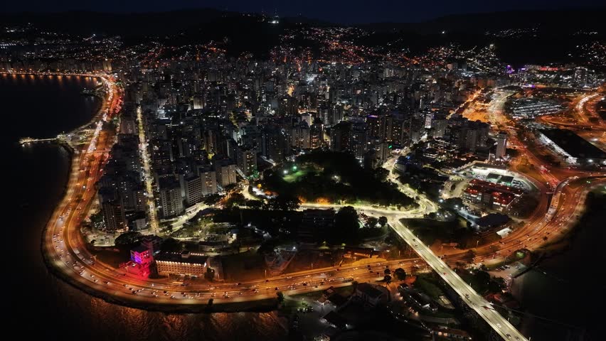 Night Florianopolis Skyline At Florianopolis Santa Catarina Brazil. Modern City Center With Skyscrapers Reflecting The Urban Life. Building Industry Landscape. Industry Urban Birds View Flyover Town.