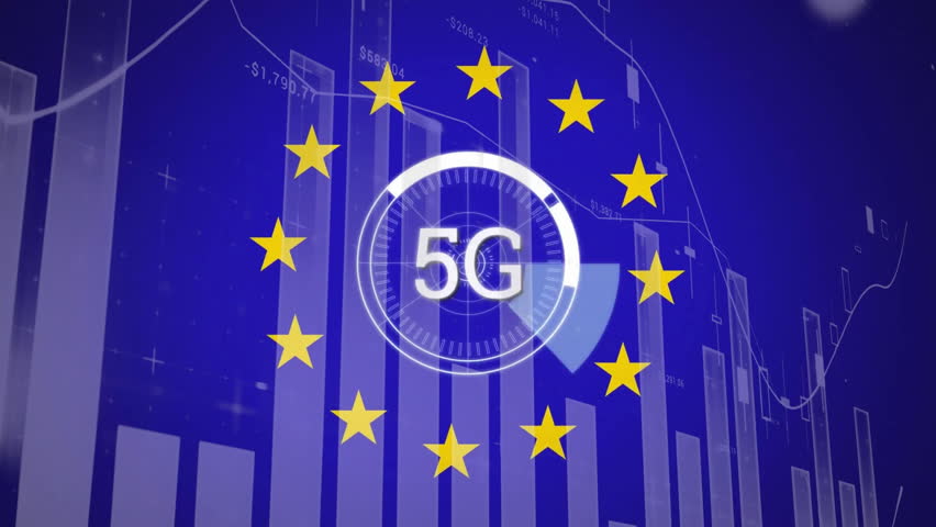 Animation of financial data processing over 5g text and flag of euopean union. Global finance, business, connections, computing and data processing concept digitally generated video.