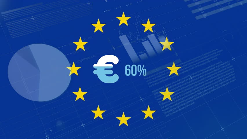 Animation of financial data processing over euro sign and flag of euopean union. Global finance, business, connections, computing and data processing concept digitally generated video.