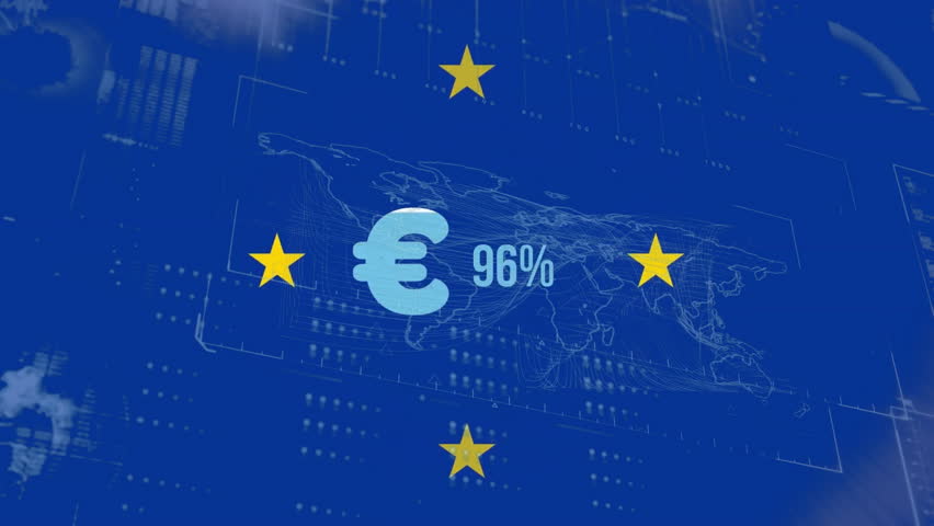 Animation of financial data processing over euro sign and flag of euopean union. Global finance, business, connections, computing and data processing concept digitally generated video.