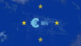 Animation of financial data processing over euro sign and flag of euopean union. Global finance, business, connections, computing and data processing concept digitally generated video. - Powered by Shutterstock - Get 15% off with code: PIKWIZARD15