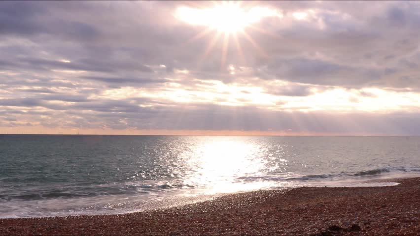 Sun Beam Rays Shining Gap Clouds Scenic Beautiful Ocean Sea Coast Beach Idyllic