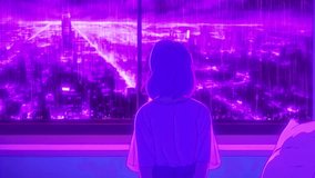 A lone anime girl gazes out a window, overlooking a futuristic neon city drenched in purple rain. The scene captures isolation and introspection in a glowing cyberpunk world - Powered by Shutterstock - Get 15% off with code: PIKWIZARD15