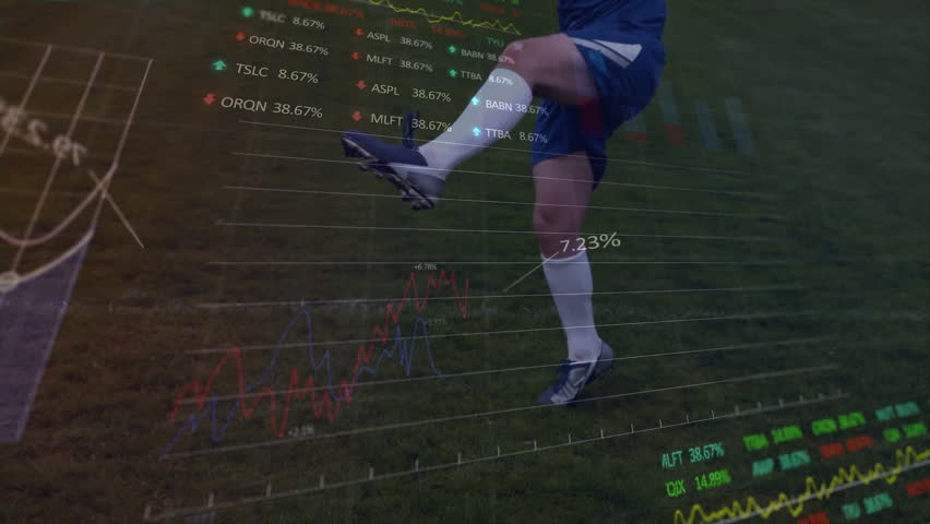 Animation of financial data processing over caucasian football player with ball. Global sports, business, connections, computing and data processing concept digitally generated video. - Powered by Shutterstock - Get 15% off with code: PIKWIZARD15