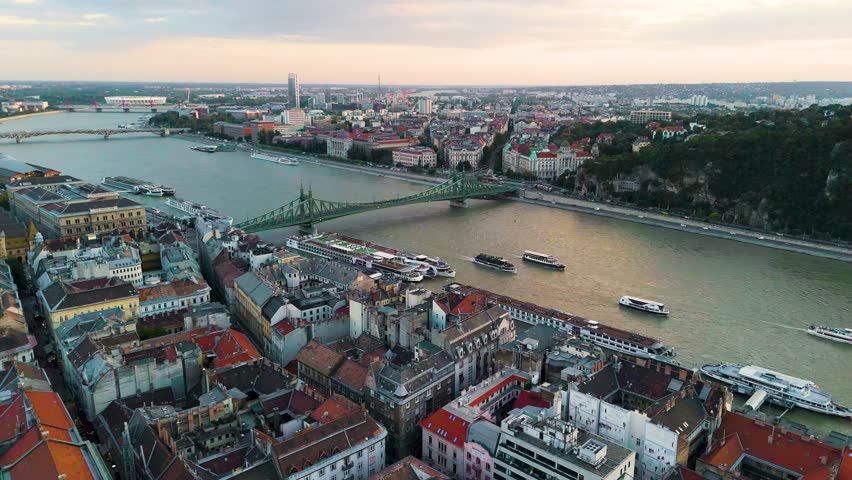 Budapest downtown - drone aerial video of the Hungarian capital. Buda and Danube river at sunrise. Aerial drone view of the Budapest city. Drone view of the capitol city Budapest.