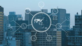 Animation of network of connections with icons and digital data processing over cityscape. Global connections, computing and data processing concept digitally generated video. - Powered by Shutterstock - Get 15% off with code: PIKWIZARD15