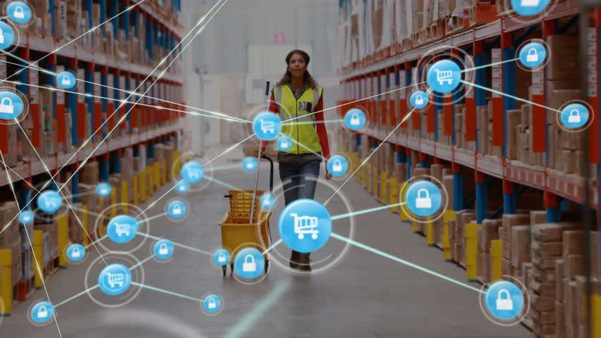 Animation of network of connections over biracial female worker in warehouse walking. Global business and digital interface concept digitally generated video. - Powered by Shutterstock - Get 15% off with code: PIKWIZARD15