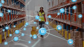 Animation of network of connections over biracial female worker in warehouse walking. Global business and digital interface concept digitally generated video. - Powered by Shutterstock - Get 15% off with code: PIKWIZARD15