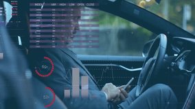 Animation of diagrams and data processing over caucasian businessman using smartphone in car. Global business and digital interface concept digitally generated video. - Powered by Shutterstock - Get 15% off with code: PIKWIZARD15
