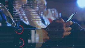 Animation of diagrams and data processing over caucasian businessman using smartphone at meeting. Global business and digital interface concept digitally generated video. - Powered by Shutterstock - Get 15% off with code: PIKWIZARD15