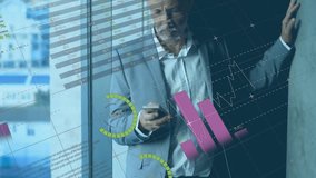 Animation of diagrams and data processing over caucasian businessman using smartphone. Global business and digital interface concept digitally generated video. - Powered by Shutterstock - Get 15% off with code: PIKWIZARD15