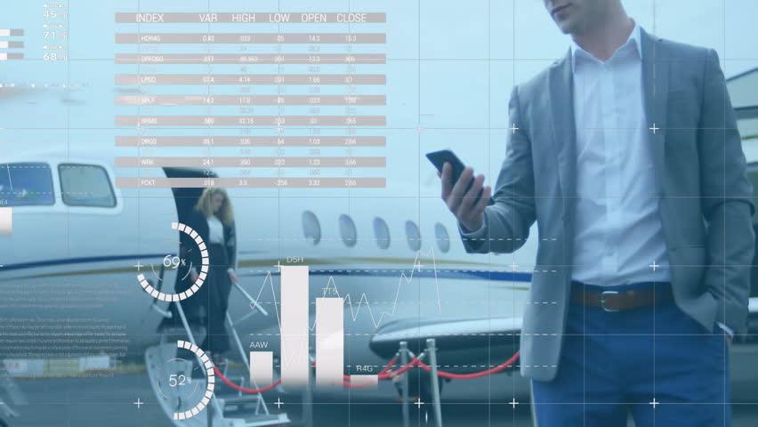 Animation of diagrams and data processing over caucasian businessman using smartphone at airport. Global business and digital interface concept digitally generated video. - Powered by Shutterstock - Get 15% off with code: PIKWIZARD15