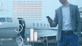 Animation of diagrams and data processing over caucasian businessman using smartphone at airport. Global business and digital interface concept digitally generated video. - Powered by Shutterstock - Get 15% off with code: PIKWIZARD15