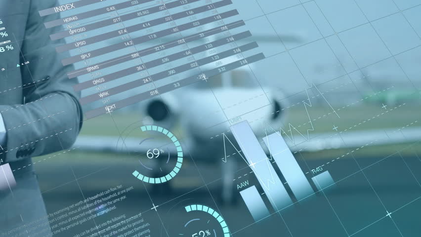 Animation of diagrams and data processing over caucasian businessman using smartphone at airport. Global business and digital interface concept digitally generated video. - Powered by Shutterstock - Get 15% off with code: PIKWIZARD15