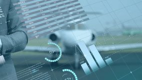 Animation of diagrams and data processing over caucasian businessman using smartphone at airport. Global business and digital interface concept digitally generated video. - Powered by Shutterstock - Get 15% off with code: PIKWIZARD15