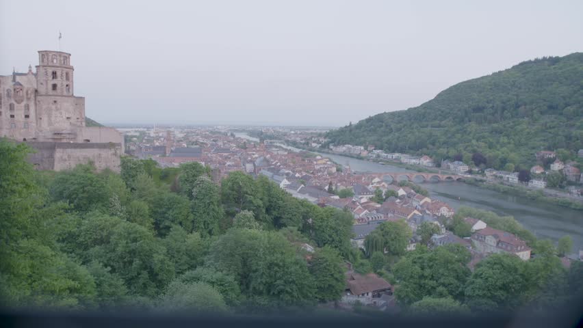 Heidelberg castle and city view with river at dawn, surrounded by lush greenery, aerial shot