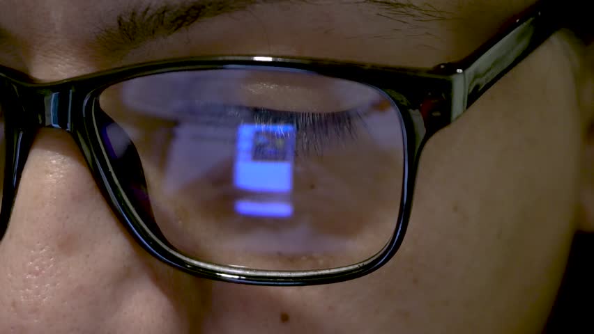 Smartphone Using, Social Media Time on Mobile Phone, Screen Reflection on Woman Glasses Close up Shot