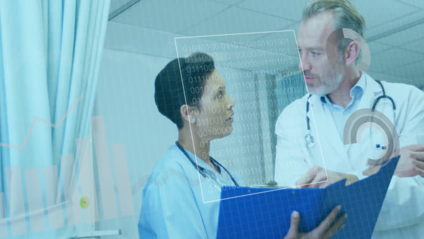 Animation of data processing and diagrams over diverse doctors talking in hospital. Global medicine and digital interface concept digitally generated video. - Powered by Shutterstock - Get 15% off with code: PIKWIZARD15