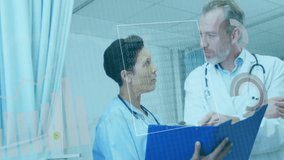 Animation of data processing and diagrams over diverse doctors talking in hospital. Global medicine and digital interface concept digitally generated video. - Powered by Shutterstock - Get 15% off with code: PIKWIZARD15
