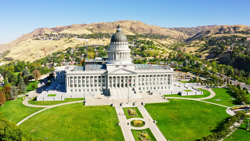 Slow rotation in front of Utah State Capitol, in Salt Lake City. The Utah State Capitol is the house of government for the U.S. state of Utah
