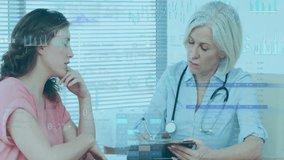 Animation of data processing and diagrams over caucasian female doctor talking with patient. Global medicine and digital interface concept digitally generated video. - Powered by Shutterstock - Get 15% off with code: PIKWIZARD15