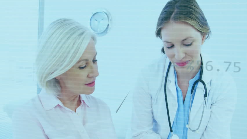 Animation of data processing and diagrams over caucasian female doctor talking with patient. Global medicine and digital interface concept digitally generated video. - Powered by Shutterstock - Get 15% off with code: PIKWIZARD15