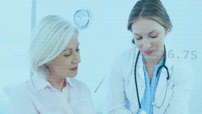 Animation of data processing and diagrams over caucasian female doctor talking with patient. Global medicine and digital interface concept digitally generated video. - Powered by Shutterstock - Get 15% off with code: PIKWIZARD15