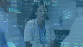 Animation of data processing and diagrams over biracial female doctor talking with couple. Global medicine and digital interface concept digitally generated video. - Powered by Shutterstock - Get 15% off with code: PIKWIZARD15