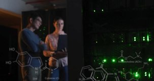 Animation of data processing and chemical formula over diverse workers in server room. Global technology and digital interface concept digitally generated video. - Powered by Shutterstock - Get 15% off with code: PIKWIZARD15