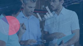 Animation of data processing and diagrams over diverse workers talking in warehouse. Global business and digital interface concept digitally generated video. - Powered by Shutterstock - Get 15% off with code: PIKWIZARD15