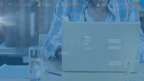 Animation of data processing and diagrams over caucasian man using laptop in office. Global business and digital interface concept digitally generated video. - Powered by Shutterstock - Get 15% off with code: PIKWIZARD15