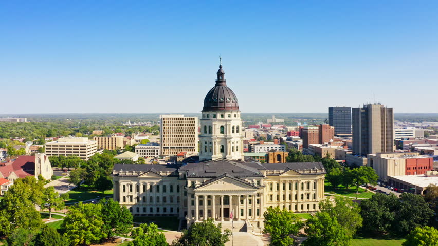 Slow rotation around Kansas State Capitol, in Topeka. The Kansas Statehouse, is the building housing the executive and legislative branches of government for the U.S. state of Kansas