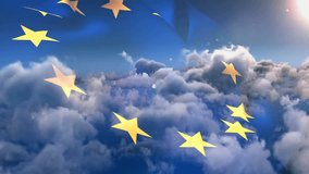 Animation of network of connections with icons over clouds and eu flag. Global business and digital interface concept digitally generated video. - Powered by Shutterstock - Get 15% off with code: PIKWIZARD15