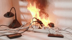 Power cube strip on fire with electrical plugs in sockets burns with open flame and smokes indoor room. - Powered by Shutterstock - Get 15% off with code: PIKWIZARD15