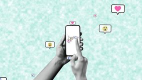 Funny animation of hands holding smart phone with social media reactions and emoji icons. Halftone pattern of human hand playing phone. Digital engagement and online communication concept. Budgetary. - Powered by Shutterstock - Get 15% off with code: PIKWIZARD15