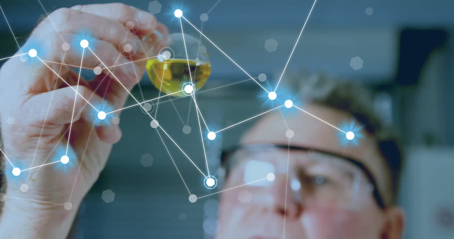 Animation of network of connections and caucasian male scientist. Global science, connections, computing and data processing concept digitally generated video.