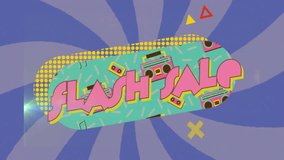 Animation of flash sale text over retro vibrant stripes pattern background. Sales, retail, shopping, digital interface, communication, computing and data processing concept digitally generated video. - Powered by Shutterstock - Get 15% off with code: PIKWIZARD15