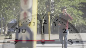 Animation of clock with moving hands over biracial man using smartphone in sunny street. Connection, time, processing, city life, travel and communication, digitally generated video. - Powered by Shutterstock - Get 15% off with code: PIKWIZARD15