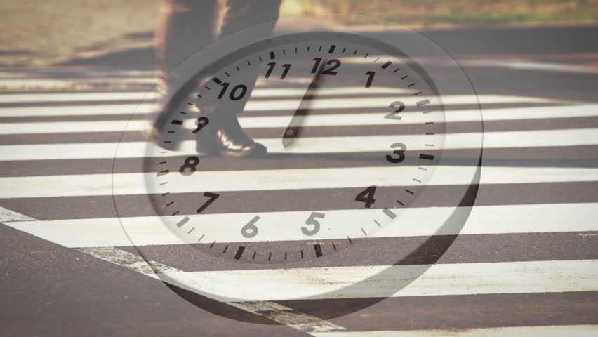 Animation of clock with fast moving hands over fast speed feet of pedestrians on busy crossing. Connection, time, processing, city life, travel and communication, digitally generated video.
