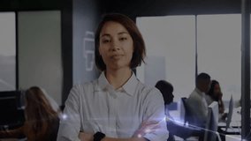 Animation of network and data processing over happy biracial casual businesswoman at office. Business, connection, digital interface and communication, digitally generated video. - Powered by Shutterstock - Get 15% off with code: PIKWIZARD15